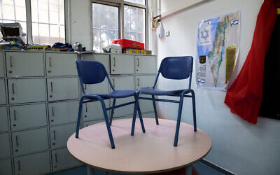 An empty classroom is seen in a closed primary school in Ramat Gan, Israel, March 15, 2020. (AP/Oded Balilty)