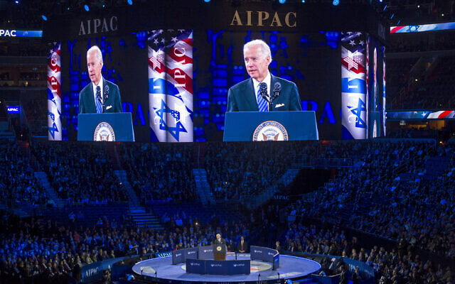 Then-US vice president Joe Biden addresses the AIPAC 2016 Policy Conference in Washington, DC, March 20, 2016. (AP/Cliff Owen)