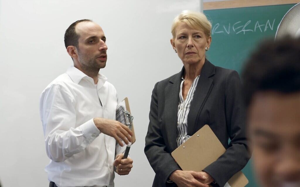 Dov Tiefenbach as Mr. Harchol and Leslie Hendrix as Ms. Murry in this still from 'About a teacher.' (Courtesy Hanan Harchol Productions)