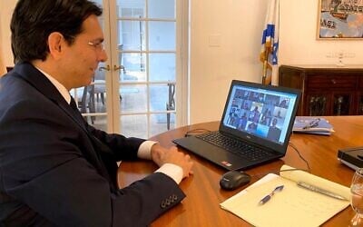 Israeli Ambassador to the UN Danny Danon participating, via videoconference, in a UN Security Council discussion about the Israeli-Palestinian conflict, March 30, 2020 (courtesy Israel's Permanent Mission to the UN)