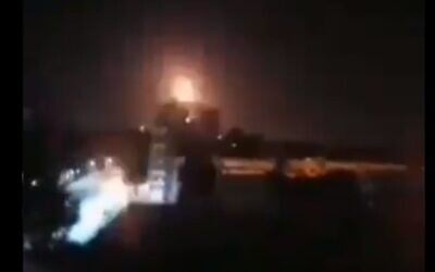 Illustrative: An explosion seen near the city of Homs in Syria attributed to Israeli airstrikes on March 5, 2020 (video screen capture)