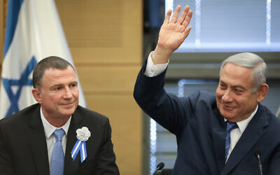 Prime Minister Benjamin Netanyahu (right) with Knesset Speaker Yuli Edelstein at a Likud party faction meeting in the Knesset, on April 30, 2019. (Noam Revkin Fenton/Flash90)