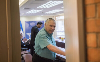Natan Eshel at a meeting between the Likud party and the United Torah judaism party as part of the coalition negotiations, at the Knesset, the Israeli parliament in Jerusalem on May 20, 2019. (Hadas Parush/Flash90)