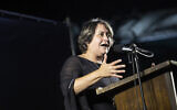 Secretary-general of the Israel Teachers' Union Yaffa Ben-David speaks during a protest event in Tel Aviv on August 29, 2019. (Hadas Parush/Flash90)