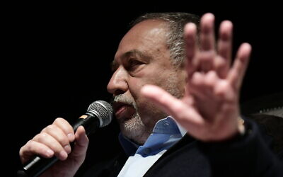 Israel Beytenu chairman Avigdor Liberman speaks at an event in Glilot, on December 20, 2019. (Tomer Neuberg/Flash90)