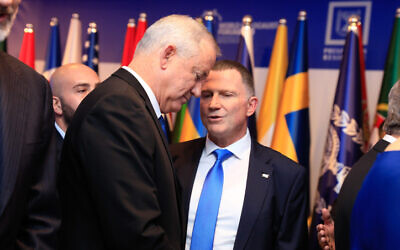 Blue and White leader Benny Gantz with Knesset Speaker Yuli Edelstein at the President's Residence in Jerusalem on January 22, 2020. (Olivier Fitoussi/Flash90)