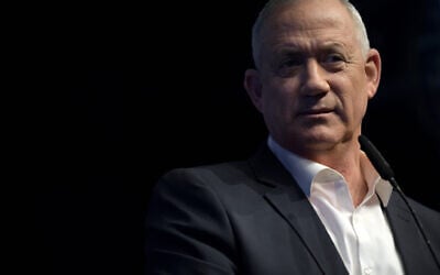 Benny Gantz, head of the Blue and White party, speaks at an  election campaign event in Ramat Gan on Feb 25, 2020. (Gili Yaari/Flash90)
