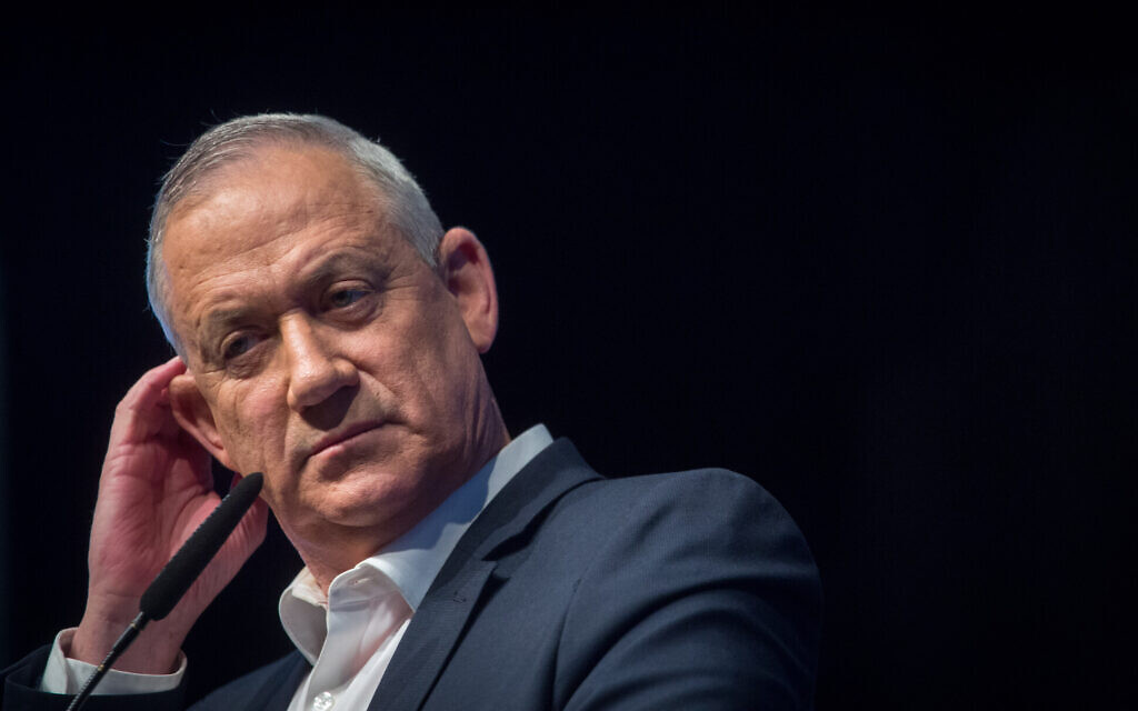 Blue and White party leader MK Benny Gantz at an election rally in Ramat Gan on February 25, 2020. (Miriam Alster/Flash90) Blue and White party leader MK Benny Gantz at an election rally in Ramat Gan on February 25, 2020. (Miriam Alster/Flash90)