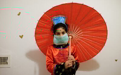 A young girl dressed for the Jewish holiday of Purim poses for a picture at her home in  Efrat, in Gush Etzion on February 25, 2020. (Gershon Elinson/Flash90) *