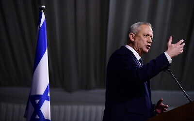 Then-Blue and White leader Benny Gantz holds a press conference at Kfar Hamaccabia on February 26, 2020. (Tomer Neuberg/Flash90)