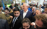 Blue and White party chairman Benny Gantz campaigns at the Grand Canyon Mall in Haifa on election day, March 2, 2020. (Flash90)