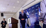 Blue and White party leader Benny Gantz holds a press conference at Kfar Maccabia on March 7 2020. (Tomer Neuberg/Flash90)