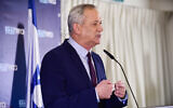 Illustrative: Blue and White party chief Benny Gantz holds a press conference at Kfar Maccabia on March 7 2020. (Tomer Neuberg/Flash90)