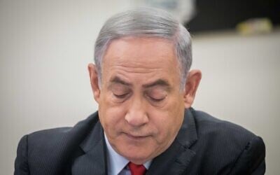 Prime Minister Benjamin Netanyahu holds a videoconference with European leaders in order to discuss challenges and cooperation in dealing with the coronavirus, at the Foreign Ministry in Jerusalem, on March 9, 2020. (Yonatan Sindel/Flash90)