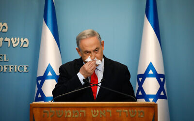 Prime Minister Benjamin Netanyahu at a press conference about the coronavirus at the Prime Minister's Office in Jerusalem on March 12, 2020. (Olivier Fitoussi/Flash90)