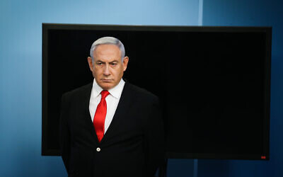Prime Minister Benjamin Netanyahu holds a press conference at the Prime Minister's Office in Jerusalem on March 12, 2020. (Alex Kolomoisky/Pool/Flash90)