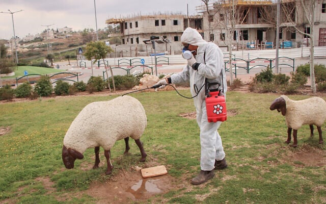 A worker in protective clothing disinfects a public playground in the West Bank settlement of Efrat on March 22, 2020. (Gershon Elinson/Flash90) A worker in protective clothing disinfects a public playground in the West Bank settlement of Efrat on March 22, 2020. (Gershon Elinson/Flash90)