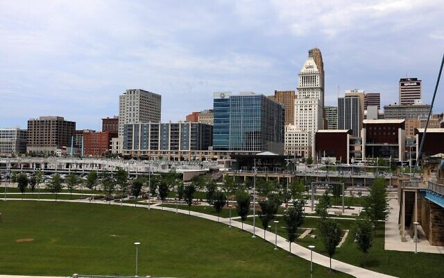 Partial view of the Cincinnati skyline, as photographed from the John A. Roebling bridge which spans the Ohio River between Cincinnati, Ohio and Covington, Kentucky in Cincinnati, Ohio on July 21, 2017. (Raymond Boyd/Getty Images via JTA) Partial view of the Cincinnati skyline, as photographed from the John A. Roebling bridge which spans the Ohio River between Cincinnati, Ohio and Covington, Kentucky in Cincinnati, Ohio on July 21, 2017. (Raymond Boyd/Getty Images via JTA)