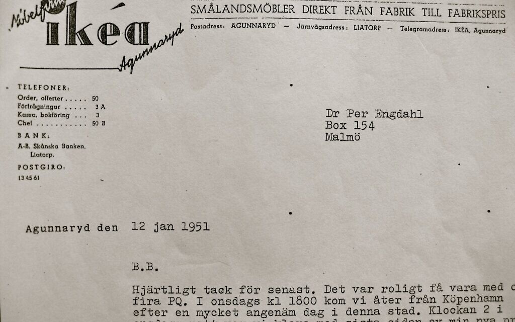 Detail from letter sent from Ingvar Kamprad to the fascist leader Per Engdahl, dated 12 January 1951. The letters begins with BB, 'best brother.' Kamprad starts off by thanking Per Engdahl for their latest get-together. (Elisabeth Åsbrink)