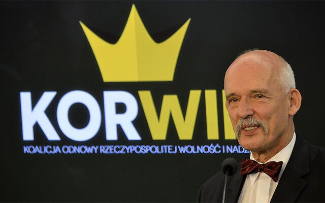 Janusz Korwin-Mikke speaking at the Polish parliament in Warsaw on June 26, 2015. (Adrian Grycuk/Wikimedia Commons via JTA) Janusz Korwin-Mikke speaking at the Polish parliament in Warsaw on June 26, 2015. (Adrian Grycuk/Wikimedia Commons via JTA)