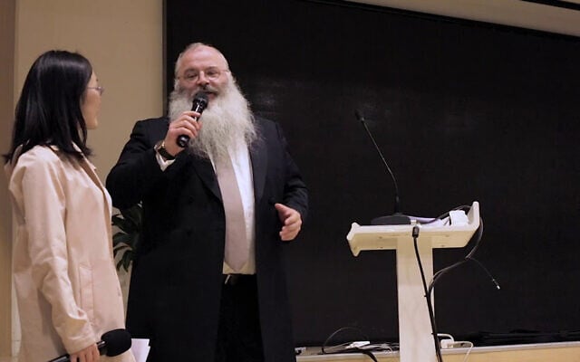 Rabbi Shimon Freundlich speaking at Family Hospital in Beijing, China in 2018. (Courtesy of Chabad China via JTA) Rabbi Shimon Freundlich speaking at Family Hospital in Beijing, China in 2018. (Courtesy of Chabad China via JTA)