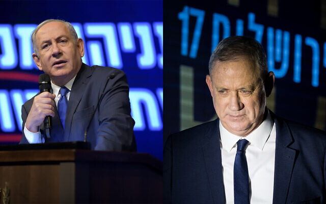 Composite photo shows Prime Minister Benjamin Netanyahu, left, and Blue and White party chief Benny Gantz, right. (Flash90) Composite photo shows Prime Minister Benjamin Netanyahu, left, and Blue and White party chief Benny Gantz, right. (Flash90)