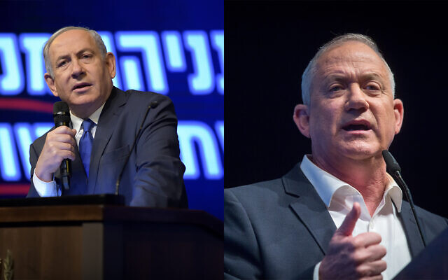 Composite photo shows Prime Minister Benjamin Netanyahu, left, and Blue and White party chief Benny Gantz, right. (Flash90) Composite photo shows Prime Minister Benjamin Netanyahu, left, and Blue and White party chief Benny Gantz, right. (Flash90)