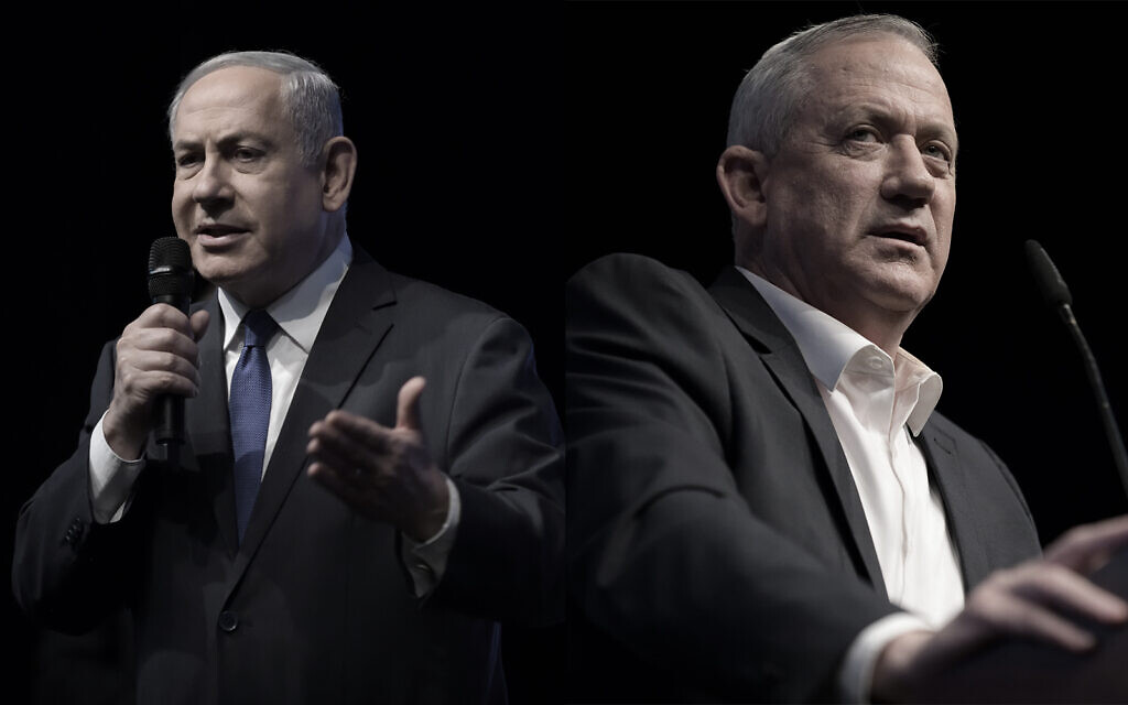 Composite photo shows Prime Minister Benjamin Netanyahu, left, and Blue and White party chief Benny Gantz, right. (Flash90) Composite photo shows Prime Minister Benjamin Netanyahu, left, and Blue and White party chief Benny Gantz, right. (Flash90)