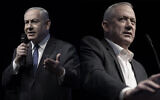 Composite photo shows Prime Minister Benjamin Netanyahu, left, and Blue and White party chief Benny Gantz, right. (Flash90)