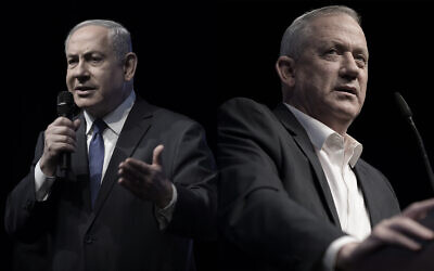 Composite photo shows Prime Minister Benjamin Netanyahu, left, and Blue and White party chief Benny Gantz, right. (Flash90)