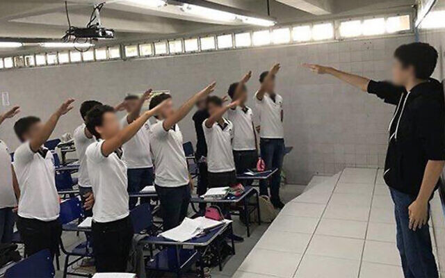 Brazilian high school students display a Nazi salute in the northern city of Recife. (Screen shot/Instagram via JTA) Brazilian high school students display a Nazi salute in the northern city of Recife. (Screen shot/Instagram via JTA)