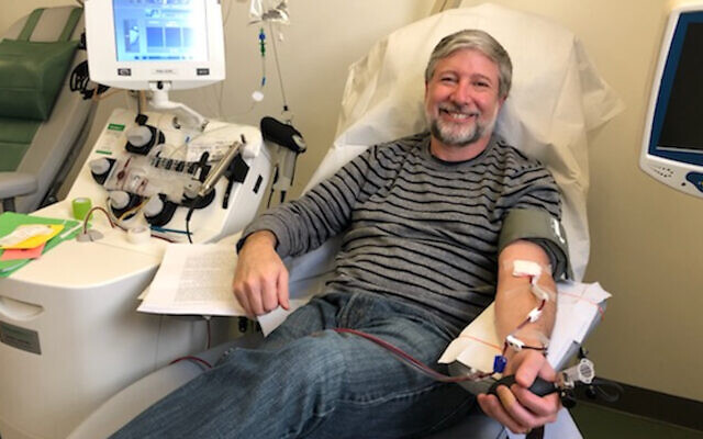 Rabbi Daniel Nevins donating blood plasma at Mount Sinai Hospital in New York, March 27, 2020. (Courtesy/Daniel Nevins via JTA) Rabbi Daniel Nevins donating blood plasma at Mount Sinai Hospital in New York, March 27, 2020. (Courtesy/Daniel Nevins via JTA)