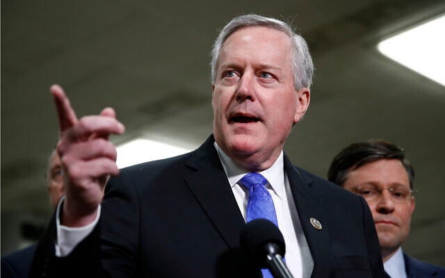 Rep. Mark Meadows, R-N.C., speaks with reporters during the impeachment trial of US President Donald Trump on Capitol Hill in Washington, DC, January 29, 2020. (AP/Patrick Semansky, File) Rep. Mark Meadows, R-N.C., speaks with reporters during the impeachment trial of US President Donald Trump on Capitol Hill in Washington, DC, January 29, 2020. (AP/Patrick Semansky, File)