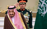 Saudi Arabia's King Salman attends a welcoming ceremony for Russian President Vladimir Putin in Riyadh, Saudi Arabia, October 14, 2019. (AP/Alexander Zemlianichenko, Pool)