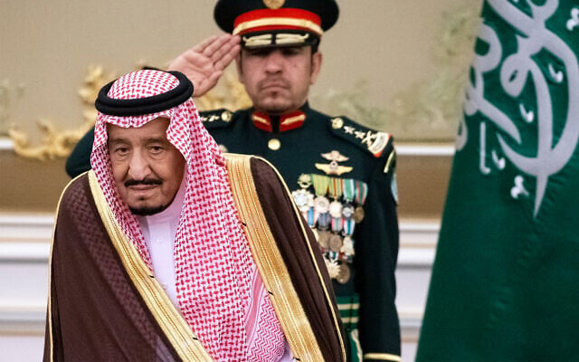 Saudi Arabia's King Salman attends a welcoming ceremony for Russian President Vladimir Putin in Riyadh, Saudi Arabia, October 14, 2019. (AP/Alexander Zemlianichenko, Pool) Saudi Arabia's King Salman attends a welcoming ceremony for Russian President Vladimir Putin in Riyadh, Saudi Arabia, October 14, 2019. (AP/Alexander Zemlianichenko, Pool)