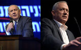 Composite photo shows Prime Minister Benjamin Netanyahu, left, and Blue and White party chief Benny Gantz, right. (Flash90)