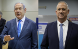 A composite image of Prime Minister Benjamin Netanyahu (L) and Benny Gantz at polling stations in Jerusalem and Rosh Haayin, respectively, during the Knesset Elections on March 2, 2020. (Marc Israel Sellem/POOL, AP Photo/Sebastian Scheiner)