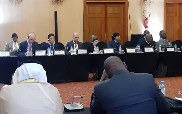 Dana Benvenisti-Gabay, center, sits across delegates from Liberia and Kuwait at an anti-terrorism conference in Morocco, March 2020. (MFA)