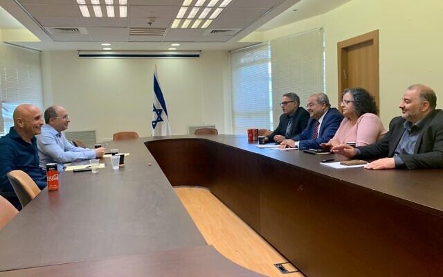 Blue and White MKs Ofer Shelah (L) and Avi Nissenkorn hold talks with Joint List MKS Mtanes Shihadeh, Ahmad Tibi, Aida Touma-Sliman and Mansour Abbas in the Knesset on March 11, 2020. (Courtesy) Blue and White MKs Ofer Shelah (L) and Avi Nissenkorn hold talks with Joint List MKS Mtanes Shihadeh, Ahmad Tibi, Aida Touma-Sliman and Mansour Abbas in the Knesset on March 11, 2020. (Courtesy)