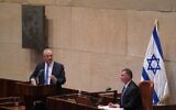 Blue and White leader Benny Gantz (L) addressing the Knesset next to Knesset Speaker Yuli Edelstein, March 23, 2020. (Shmulik Grossman/Knesset)