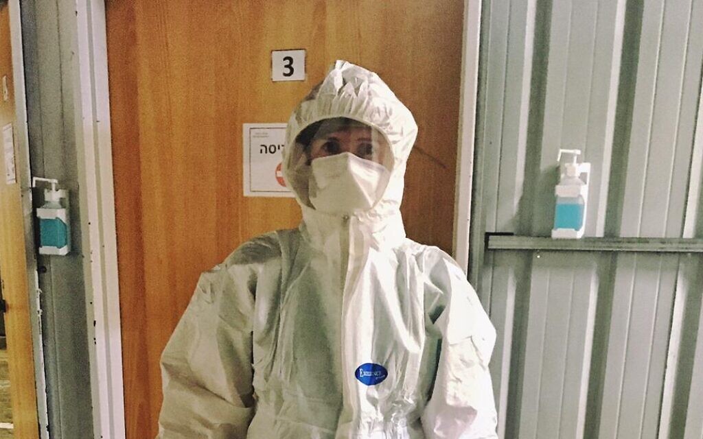 Rachel Gemara, a nurse at Shaare Zedek's isolated ward for coronavirus patients in full protective gear (Courtesy) Rachel Gemara, a nurse at Shaare Zedek's isolated ward for coronavirus patients in full protective gear (Courtesy)