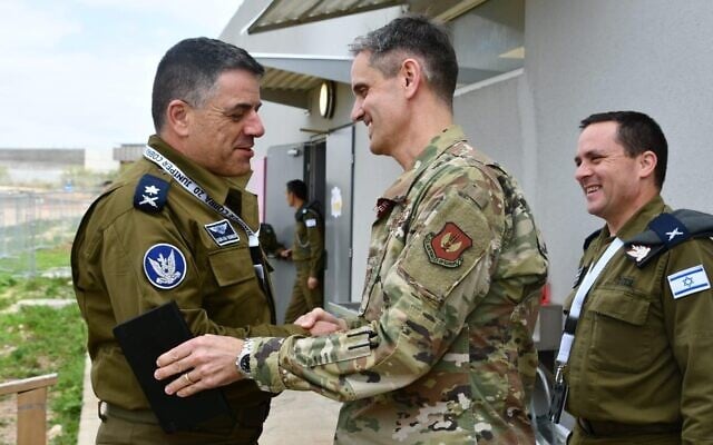 The head of the Israeli Air Force Maj. Gen. Amikam Norkin meets with a senior American officer during the biennial Juniper Cobra air defense exercise in Israel in March 2020. (Israel Defense Forces) The head of the Israeli Air Force Maj. Gen. Amikam Norkin meets with a senior American officer during the biennial Juniper Cobra air defense exercise in Israel in March 2020. (Israel Defense Forces)