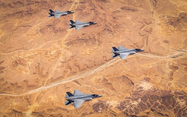 Israeli and American F-35 fighter jets take part in a joint exercise over southern Israel on March 29, 2020. (Israel Defense Forces) Israeli and American F-35 fighter jets take part in a joint exercise over southern Israel on March 29, 2020. (Israel Defense Forces)