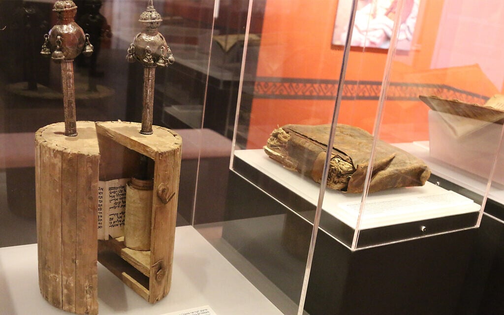 An ancient Yemenite Torah scroll and book at the Bible Lands Museum. (Shmuel Bar-Am)