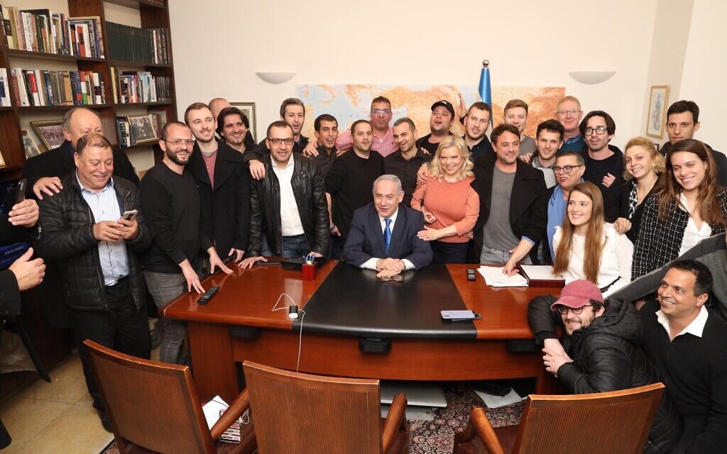 Prime Minister Benjamin Netanyahu celebrates in his Jerusalem office, soon after exit polls come out late on election day, March 2, 2020. (Twitter) Prime Minister Benjamin Netanyahu celebrates in his Jerusalem office, soon after exit polls come out late on election day, March 2, 2020. (Twitter)