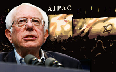 Sen. Bernie Sanders against a backdrop of an AIPAC annual policy conference. (Getty Images/JTA Montage)