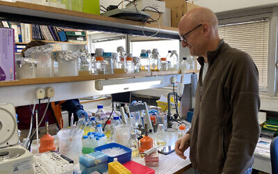 Prof. Isaiah (Shy) Arkin in his lab at the Hebrew University, March 29, 2020 (ToI staff)