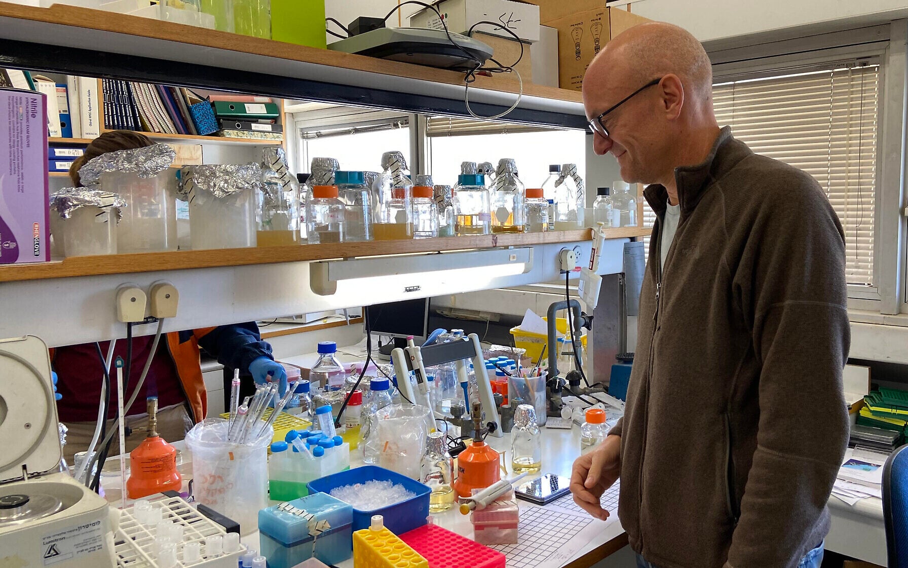 Prof. Isaiah (Shy) Arkin in his lab at the Hebrew University, March 29, 2020 (ToI staff) Prof. Isaiah (Shy) Arkin in his lab at the Hebrew University, March 29, 2020 (ToI staff)