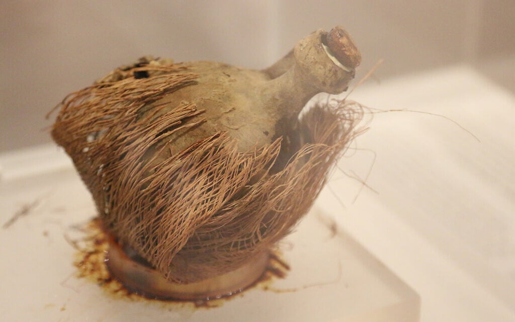 A 2,000 year old jug, found near the Dead Sea, with resin believed to be from a balsam tree on display at the Bible Lands Museum. Balsam was a heavily traded commodity in the ancient Middle East. (Shmuel Bar-Am)