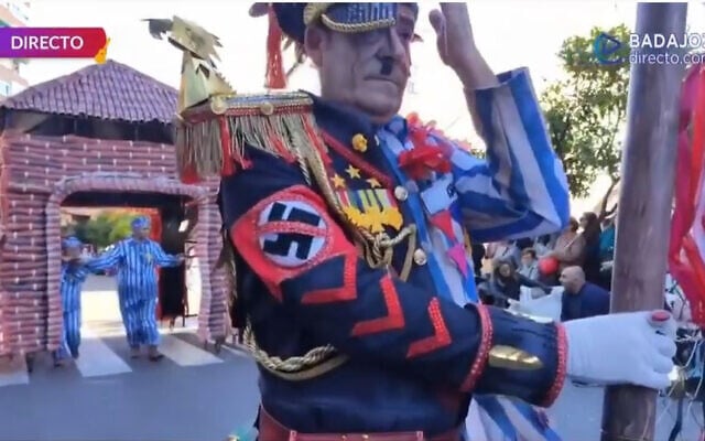 Screen capture from video of participants at a Holocaust-themed carnival in Badajos, Spain, February 23, 2020. (Extremadura Canal via JTA) Screen capture from video of participants at a Holocaust-themed carnival in Badajos, Spain, February 23, 2020. (Extremadura Canal via JTA)